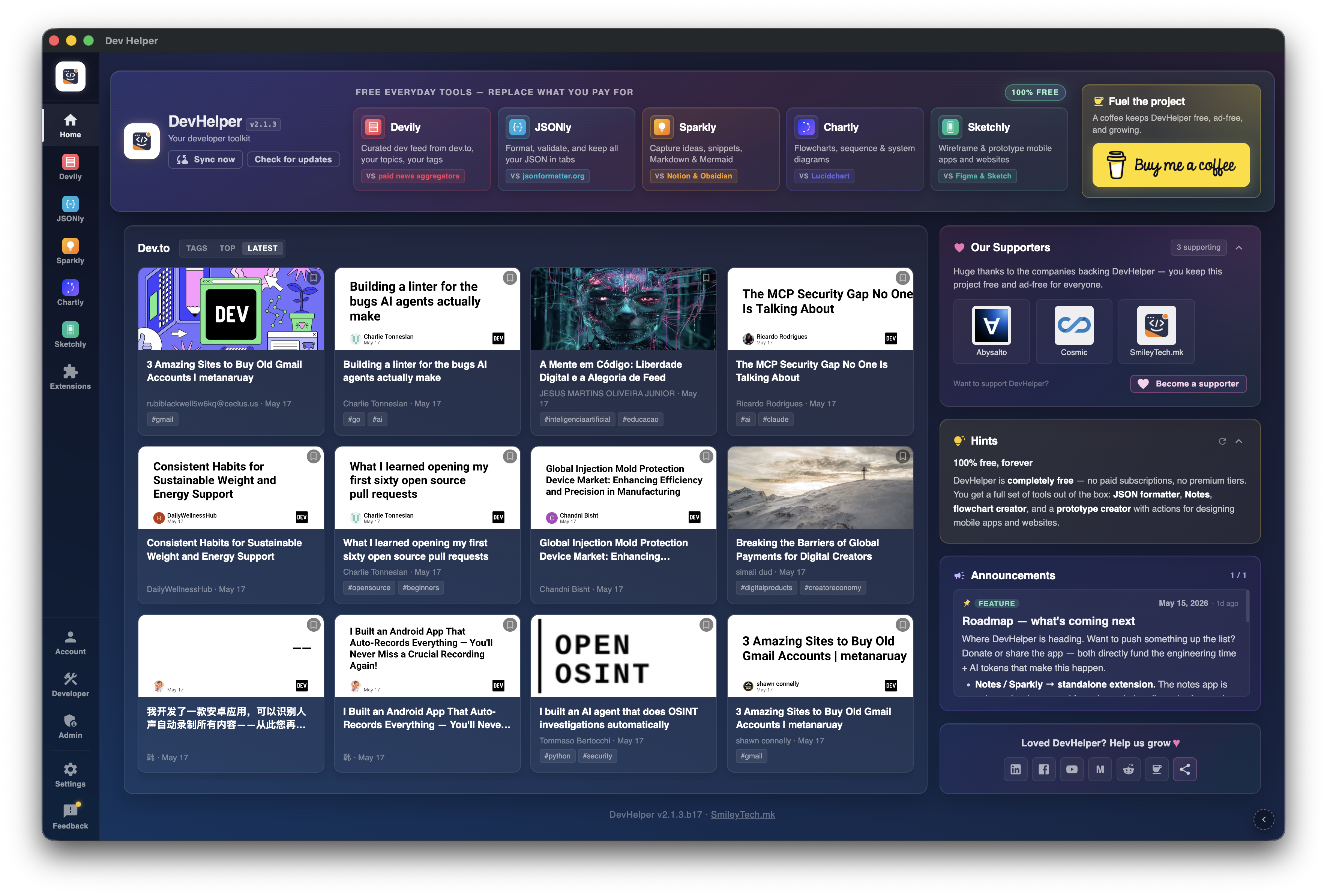 DevHelper home with tray menu and announcements
