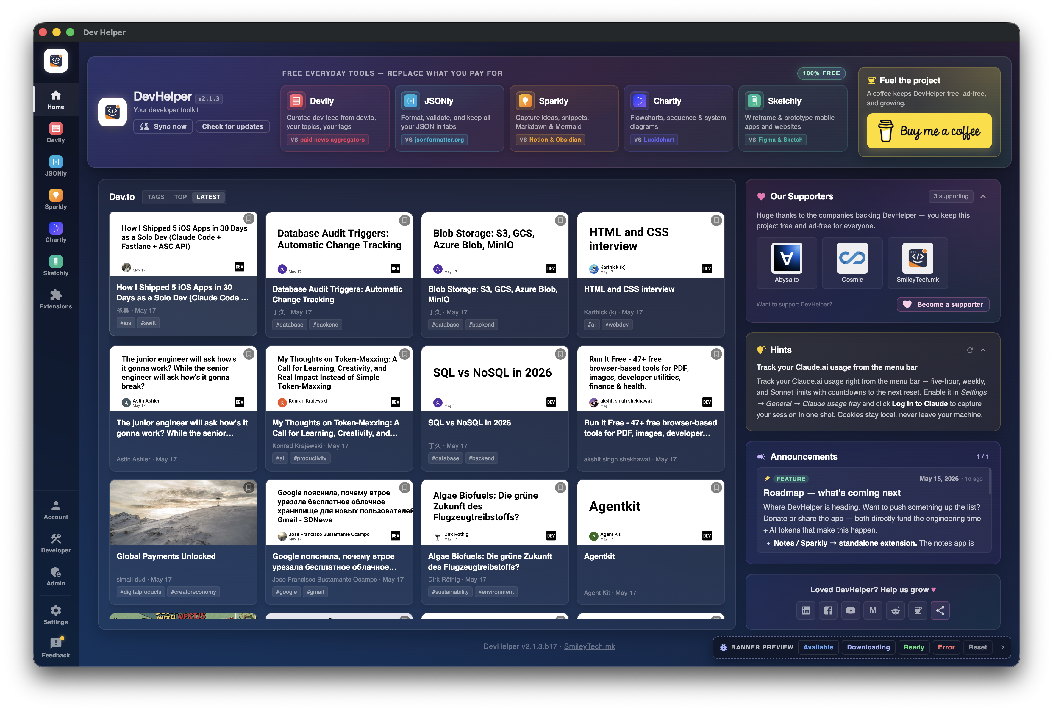 DevHelper home dashboard with Devily news, hints, announcements and supporter logos