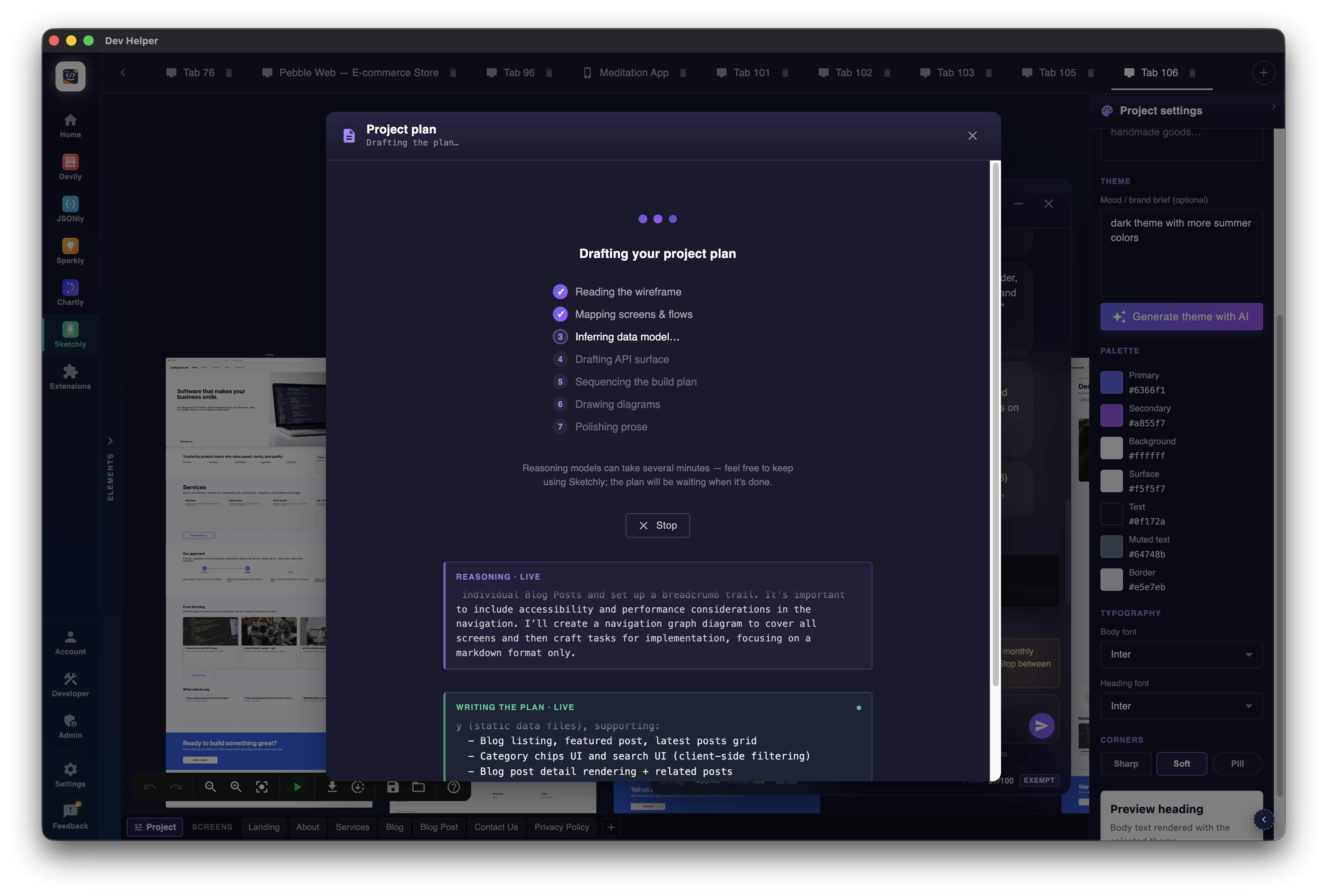 Sketchly drafting the project plan — 7-stage status list with live REASONING and WRITING streams