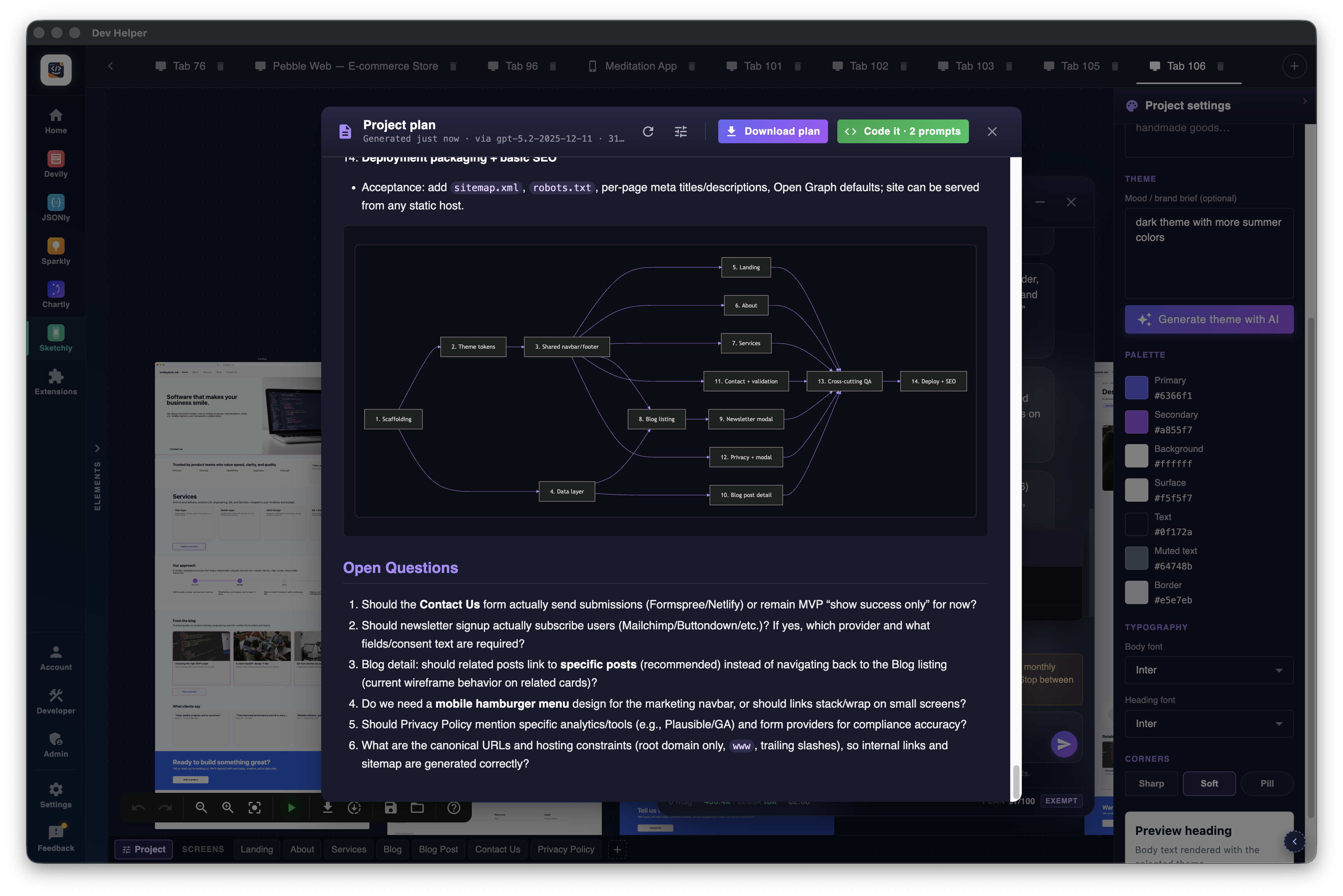 Generated project plan with mermaid build diagram, open questions, and Download / Code it buttons