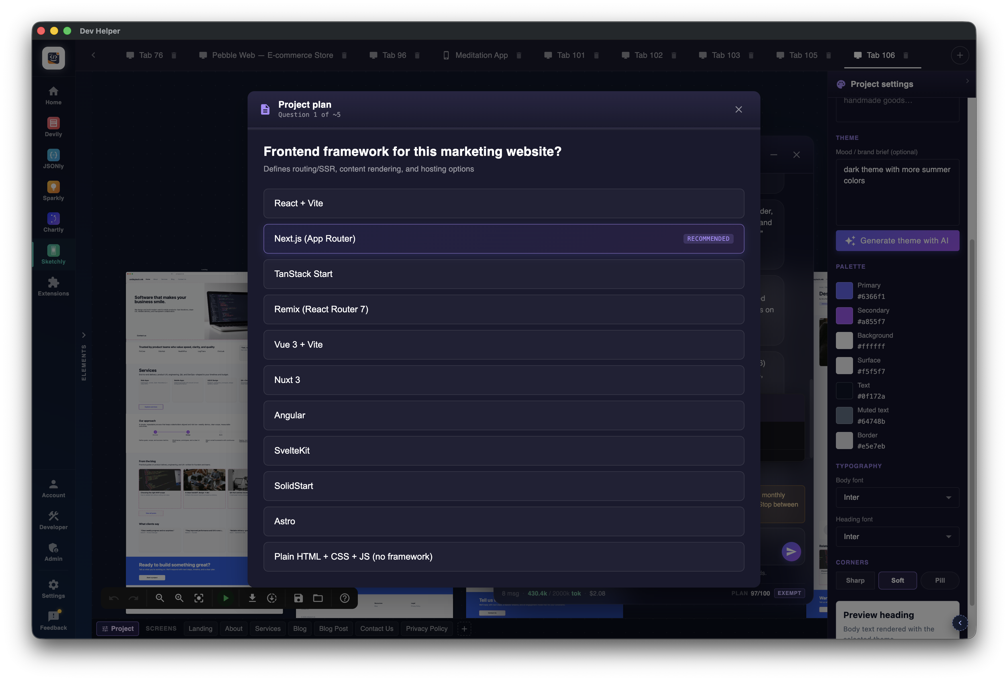 Sketchly plan modal: adaptive scoping question with a Recommended-marked default