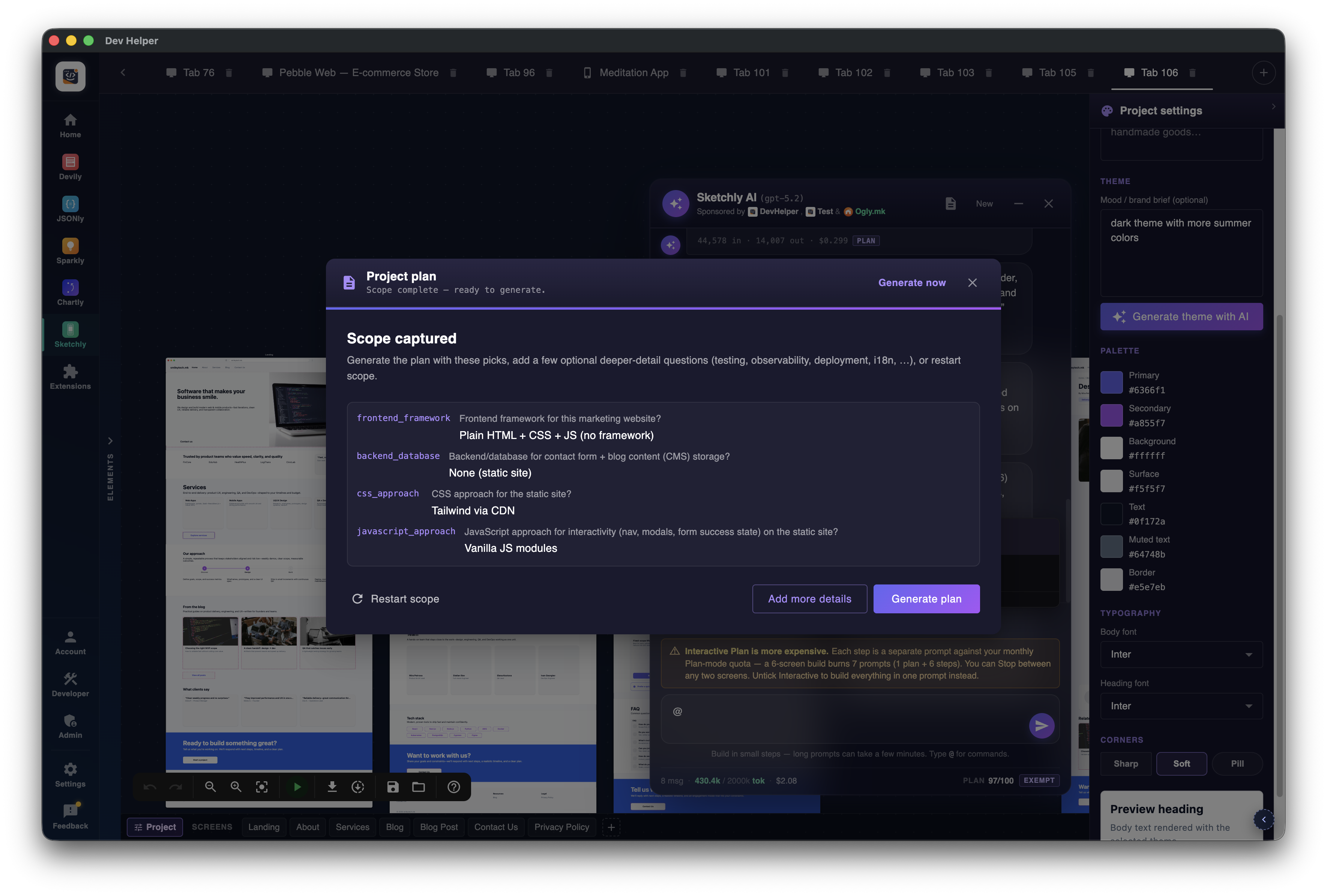Scope captured: frontend, backend, css and javascript picks ready to generate