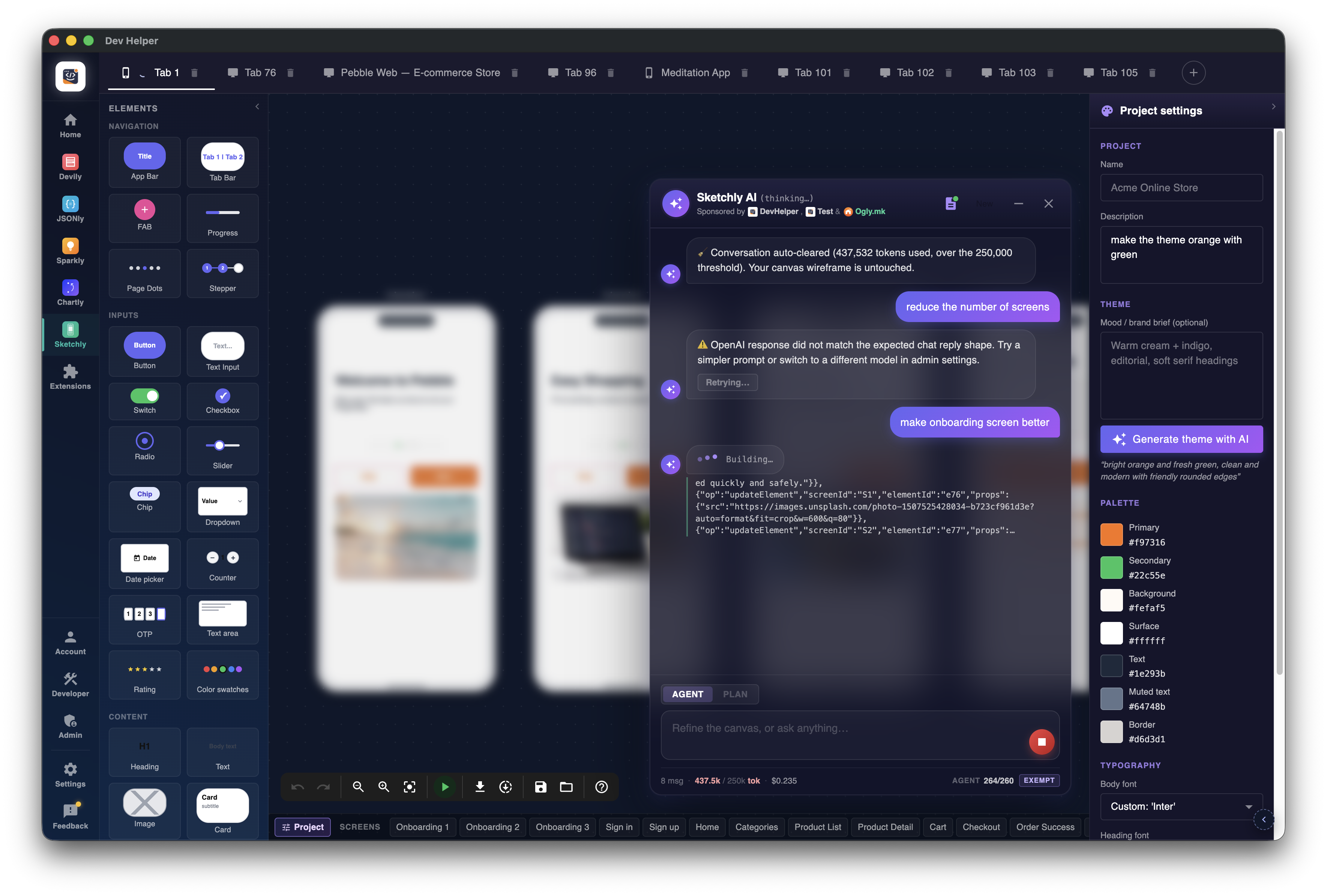 Sketchly AI generating mobile app screens with the AI chat panel open