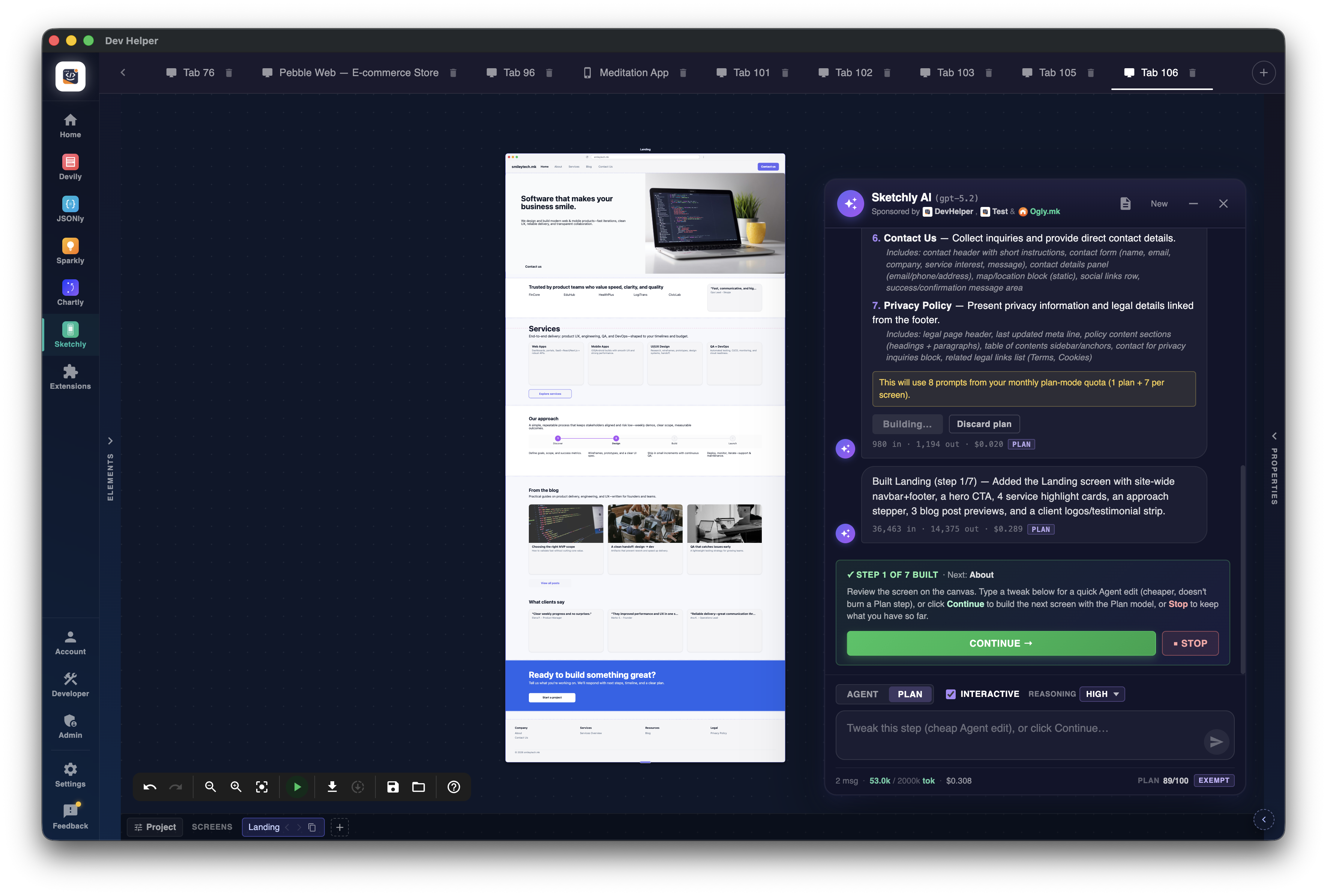 Interactive Plan mode building screens one at a time with a Continue button