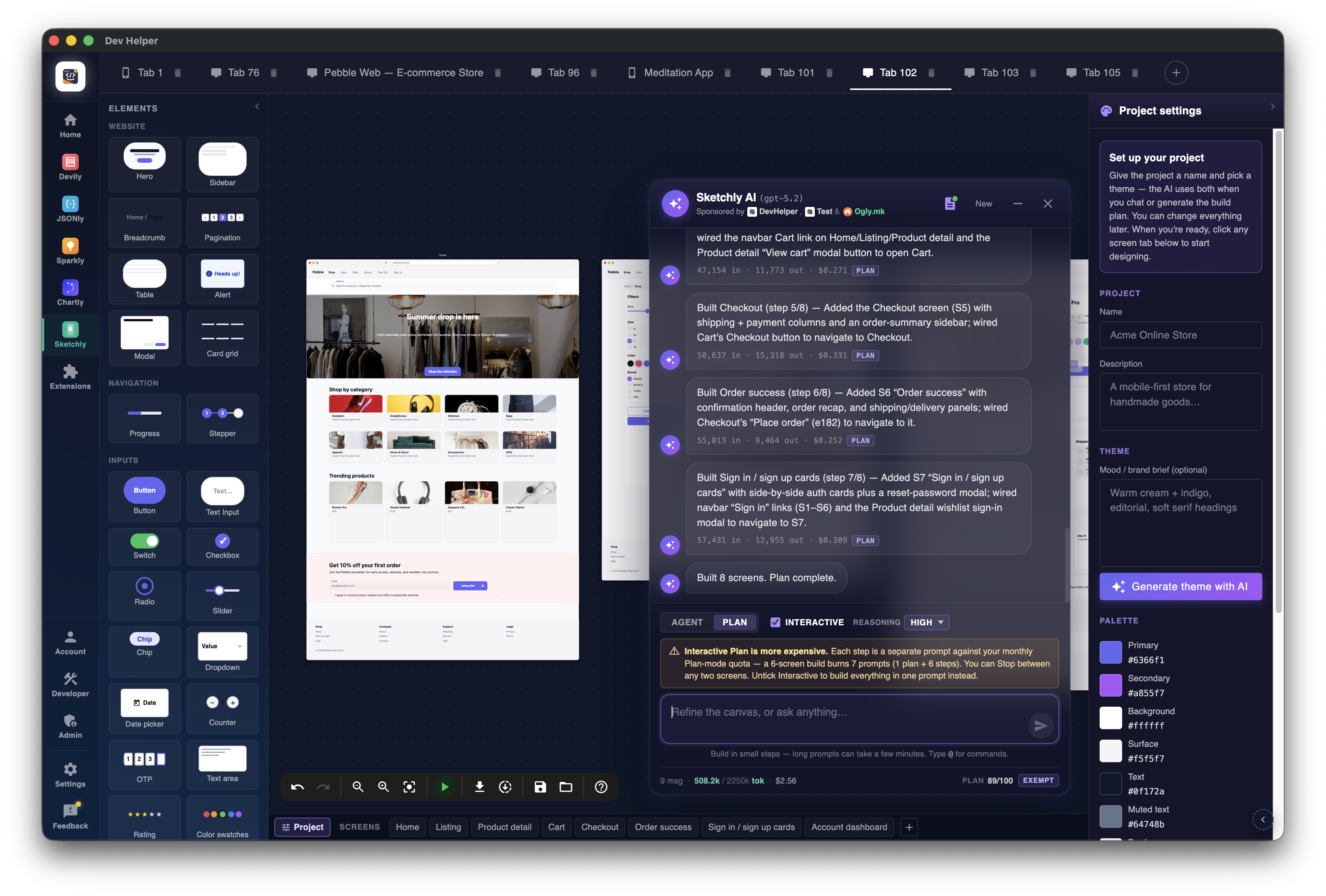 Sketchly AI generating a multi-screen e-commerce wireframe with chat refinements