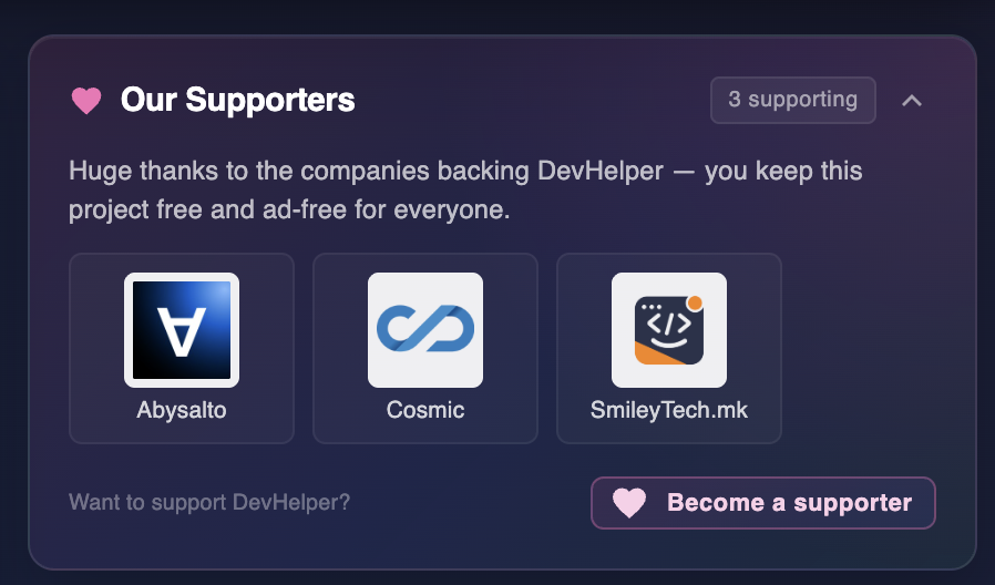 DevHelper home Supporters card with backer logos: Abysalto, Cosmic, SmileyTech.mk — and a Become a supporter button