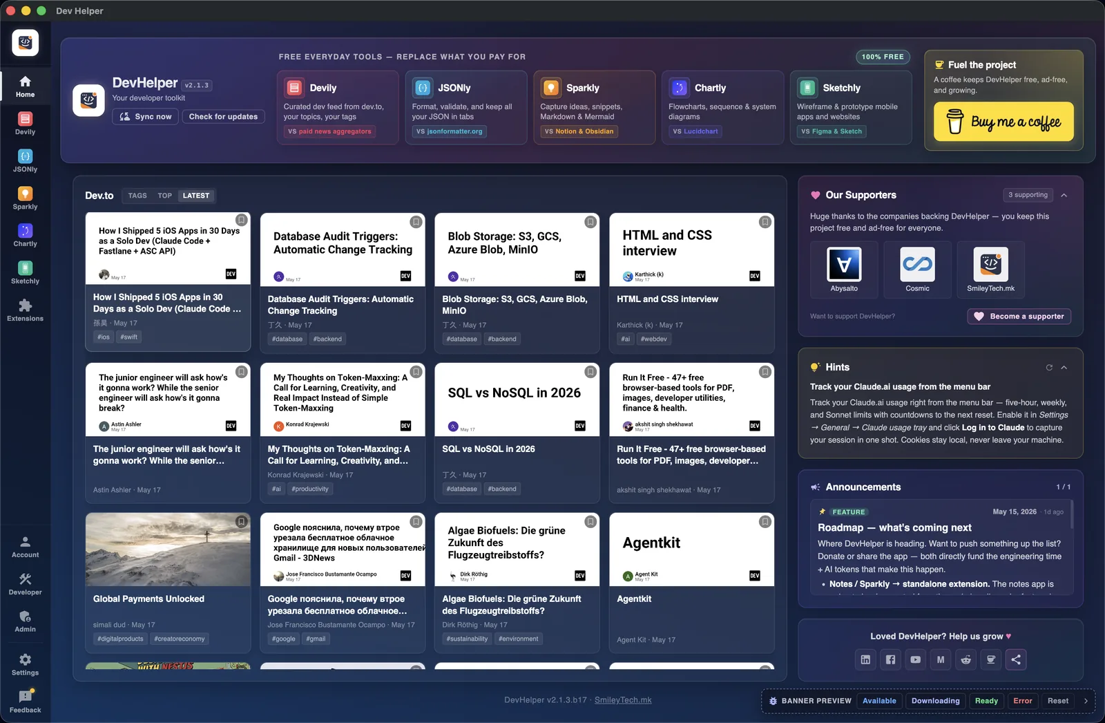 The DevHelper home screen with its tools, a dev.to news feed, the supporters card, hints and announcements