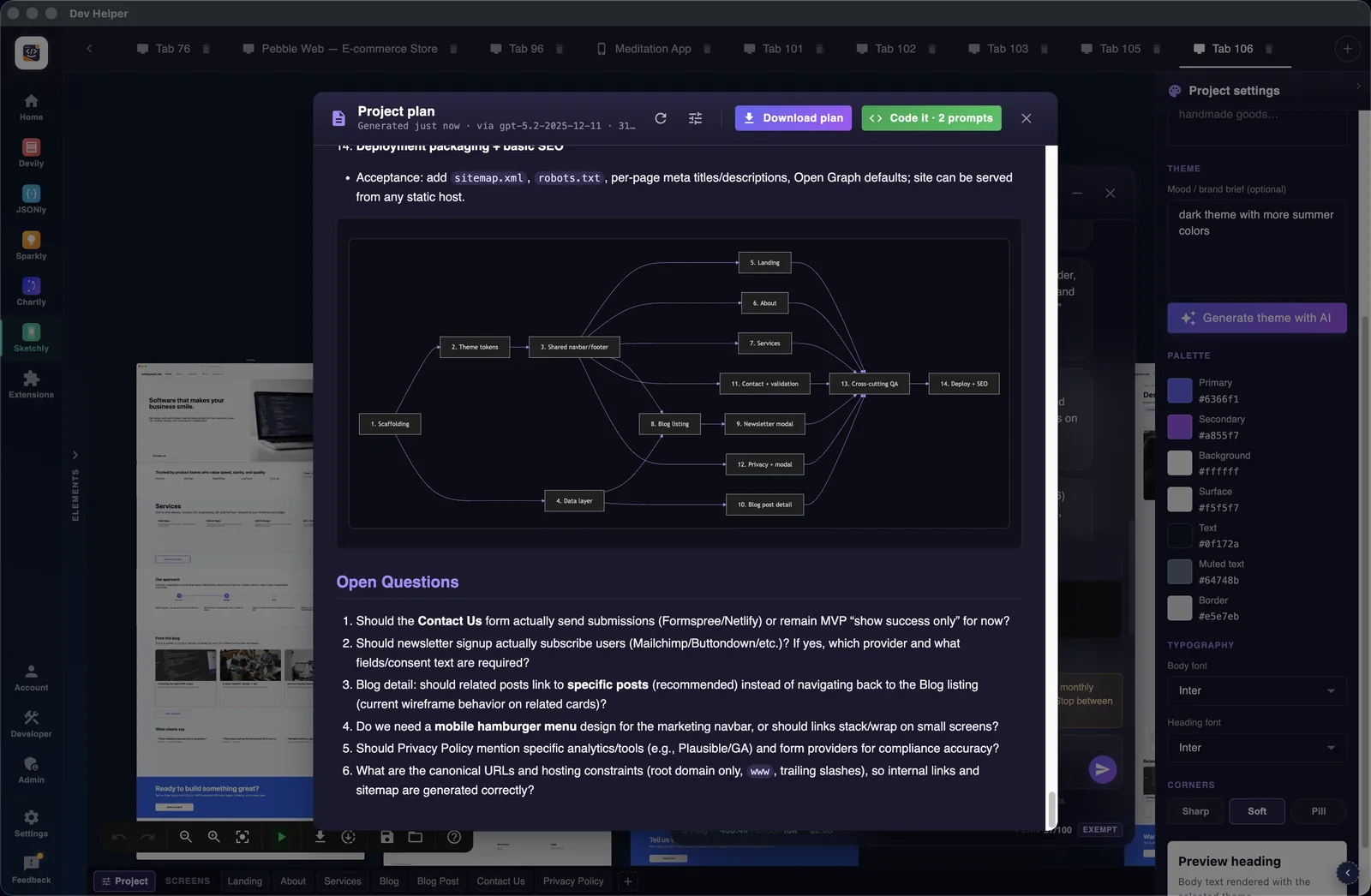 A finished project plan with a Mermaid build order diagram and open questions, and the Download plan and Code it buttons at the top