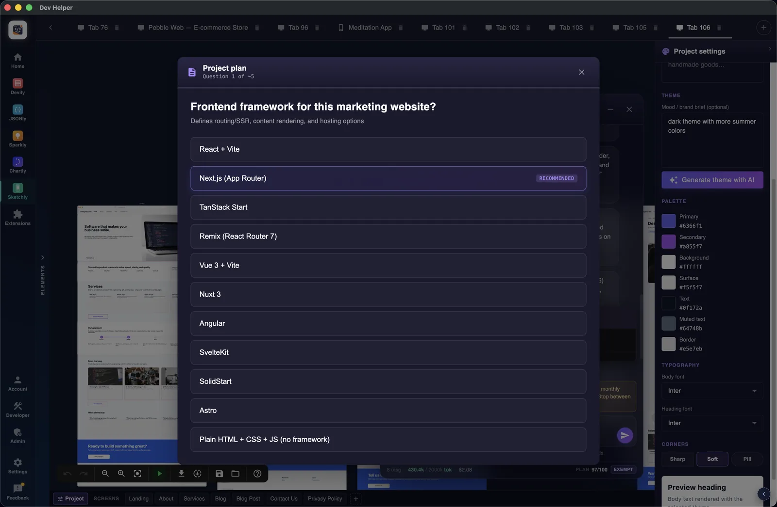 The project plan window asking which frontend framework to use, with Next.js marked as recommended