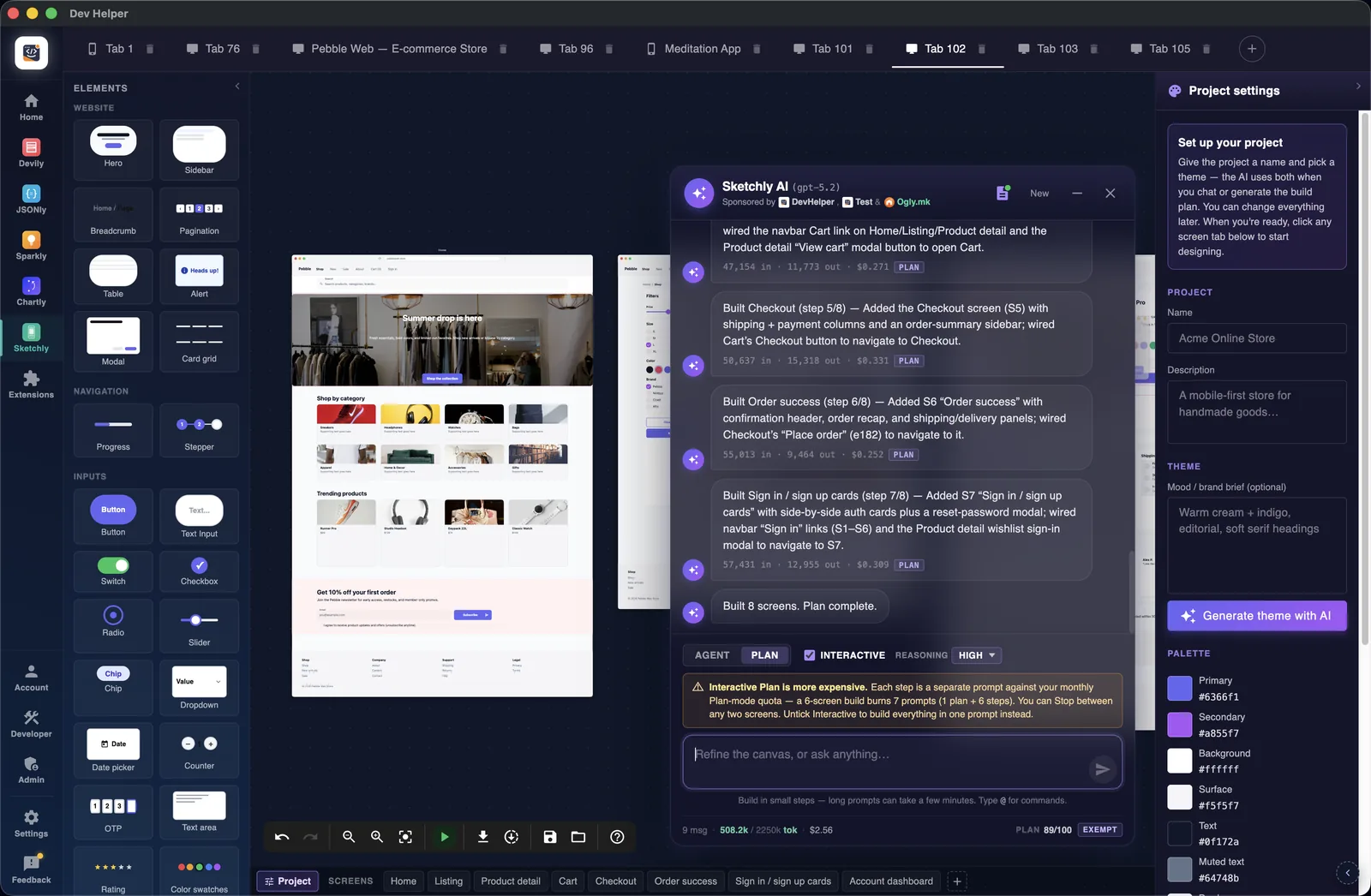 Sketchly with an online store wireframe on the canvas, the AI chat listing the screens it built, and the project settings panel with the theme palette