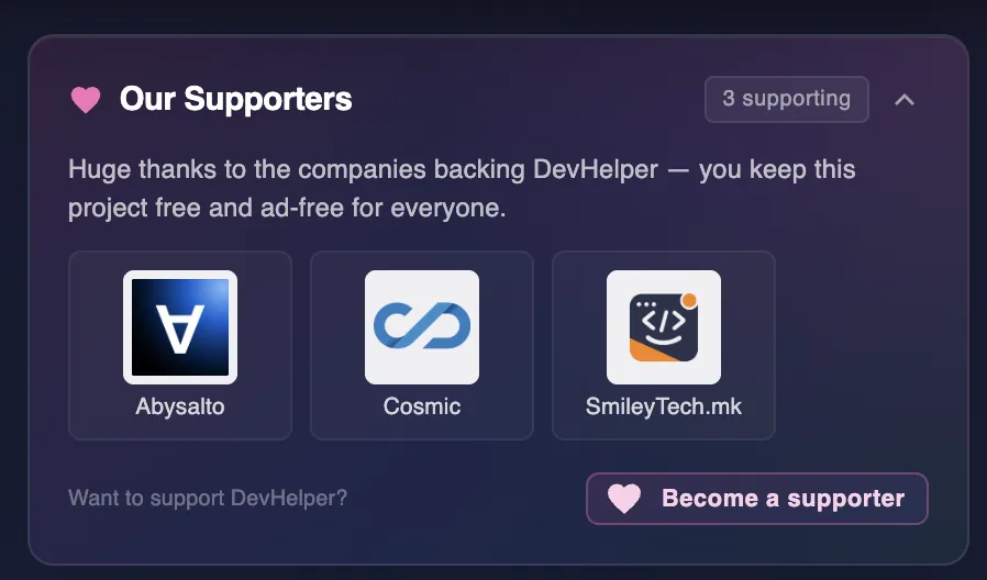 The Our Supporters card in DevHelper with the logos of Abysalto, Cosmic and SmileyTech.mk and a Become a supporter button