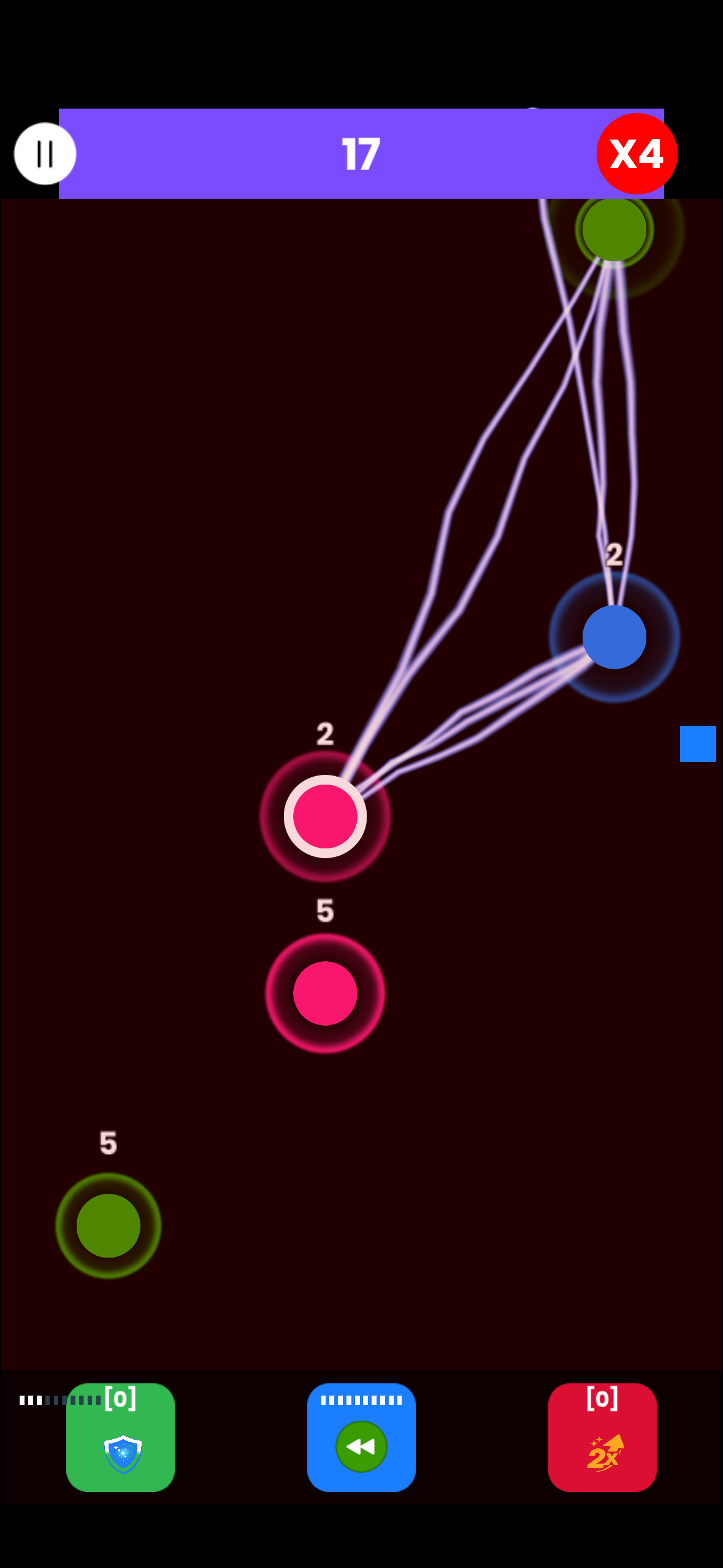 Electron gameplay — falling red, green and blue electrons linked by glowing lines into loops, with a rising score multiplier