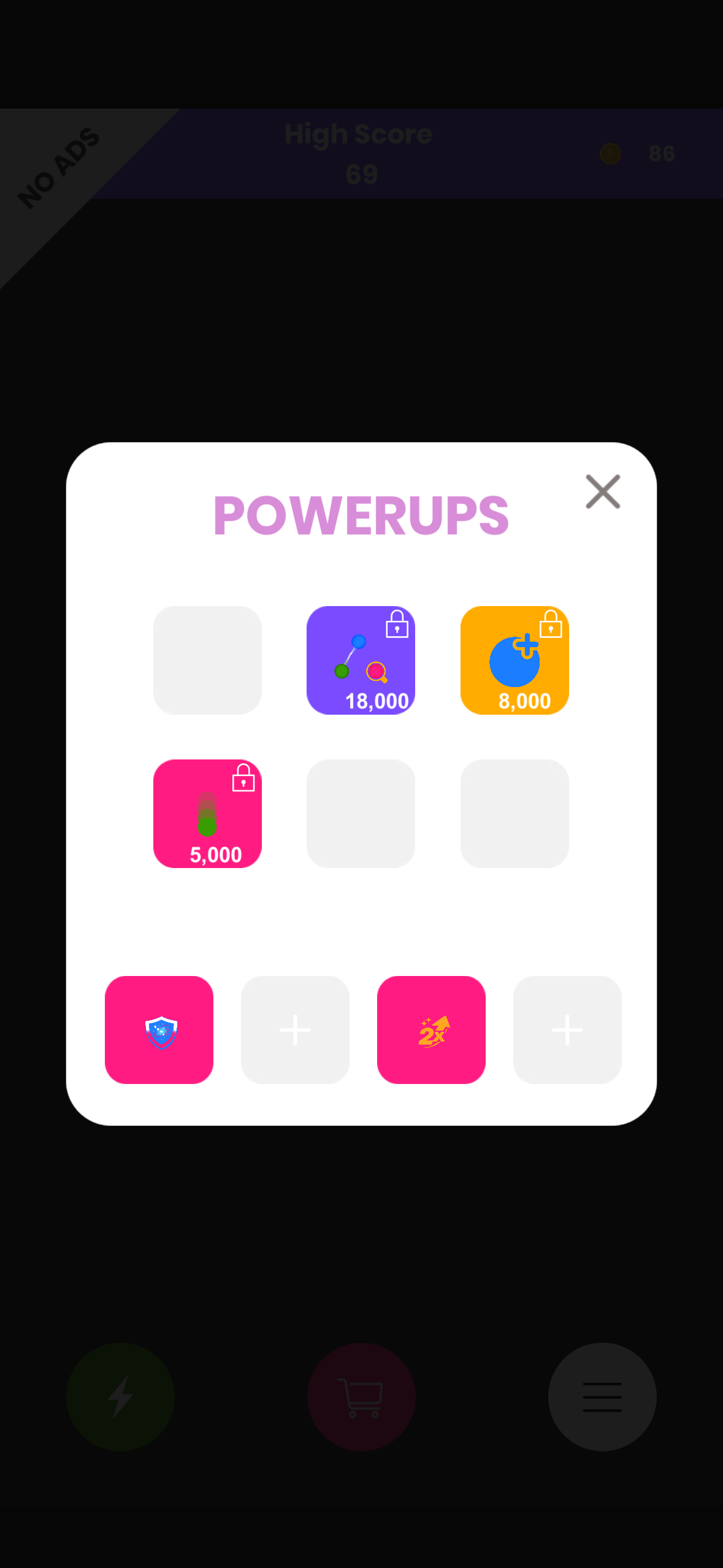 Electron power-ups menu — six upgrade slots, some unlocked and some locked behind coin costs earned by playing