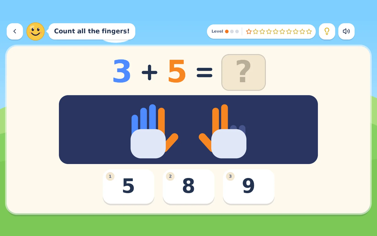 A Kidly math game: count the fingers and pick the answer