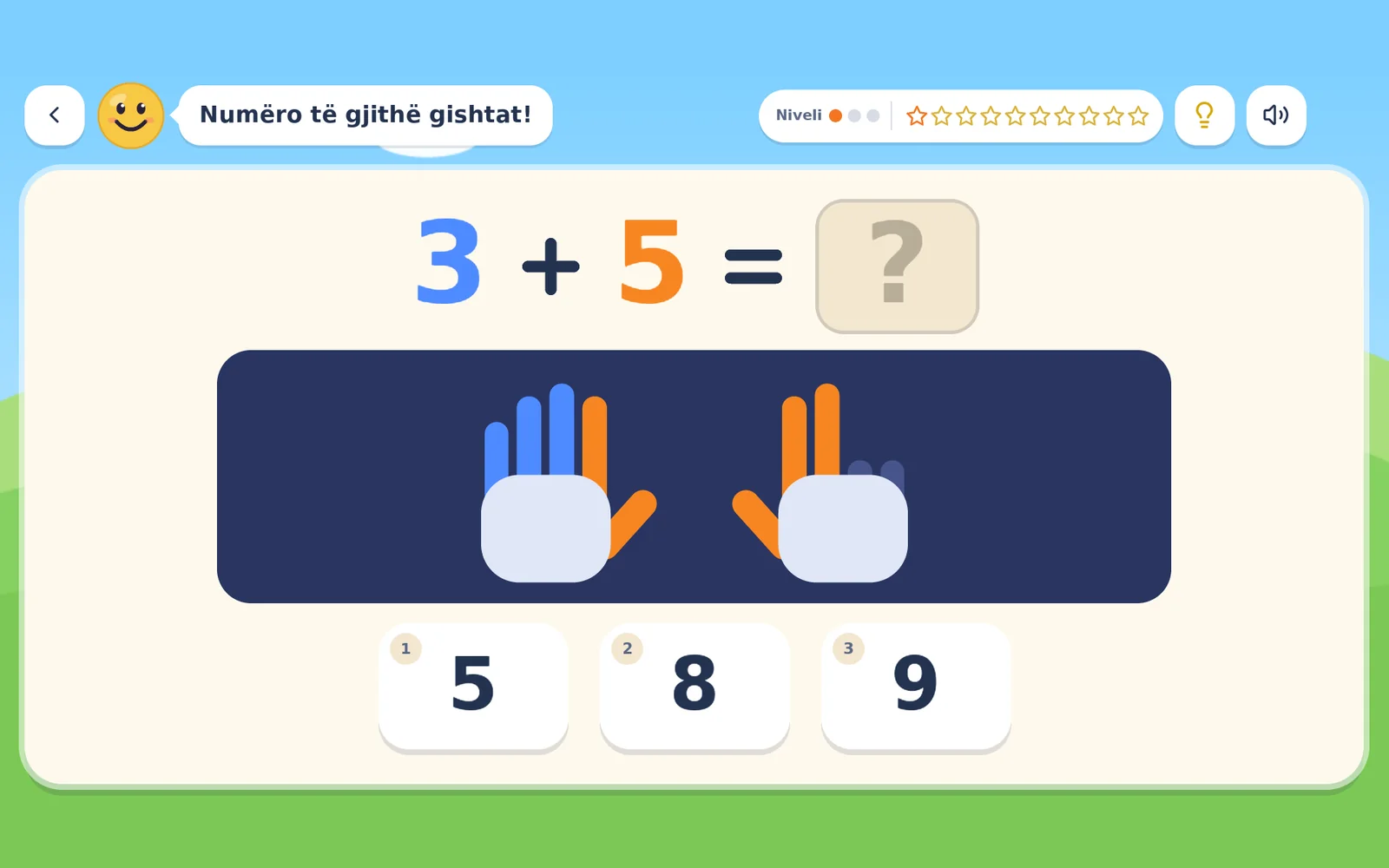 Një lojë matematike në Kidly: numëro gishtat dhe zgjidh përgjigjen