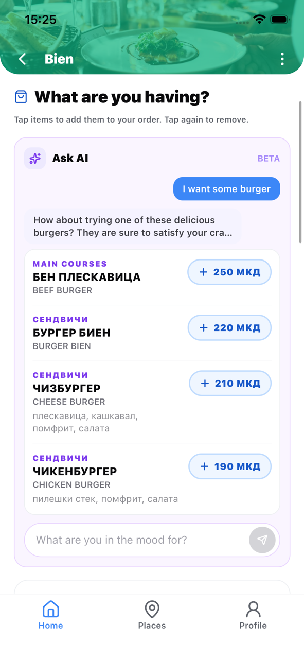 AI menu picker chat — user describes a craving, AI returns matching dishes from the scanned menu