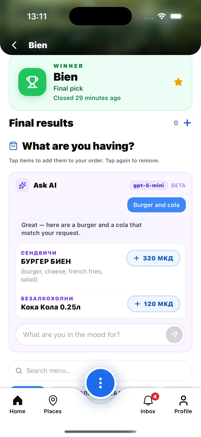 AI menu picker chat — user describes a craving, AI returns matching dishes from the scanned menu