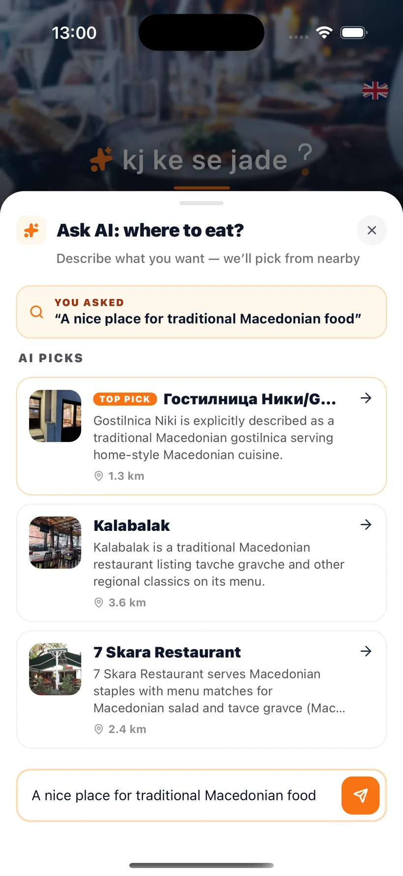 KKSJ AI place recommender — describe a craving and the AI suggests a nearby restaurant for the group