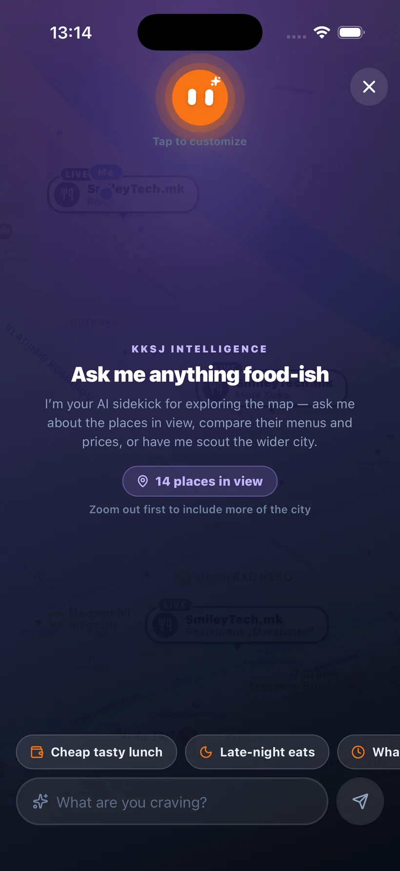 KKSJ Intelligence, the AI helper, with quick prompts and a field to type what you are craving