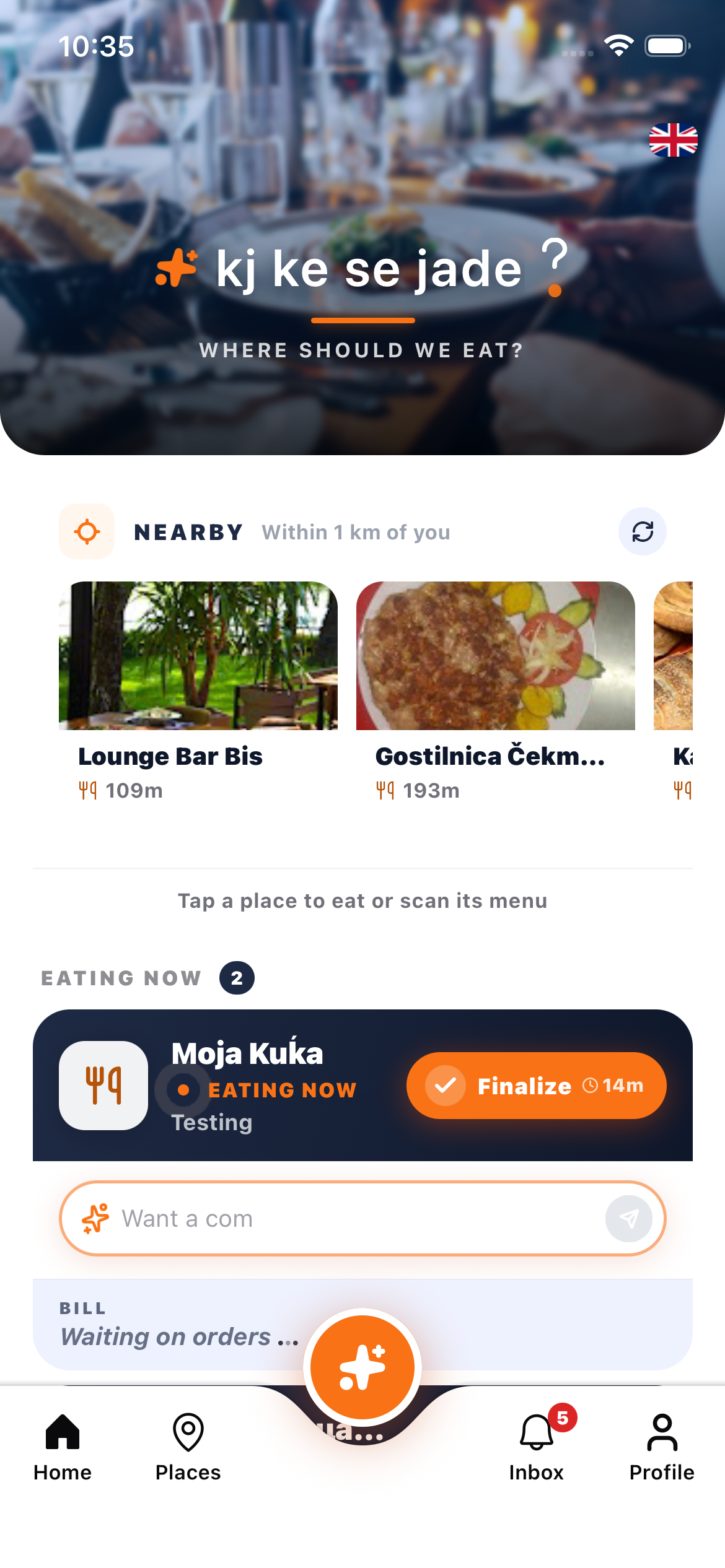 KKSJ home screen — the NEARBY strip of food and drink places around you, with an AI one-line summary on each place