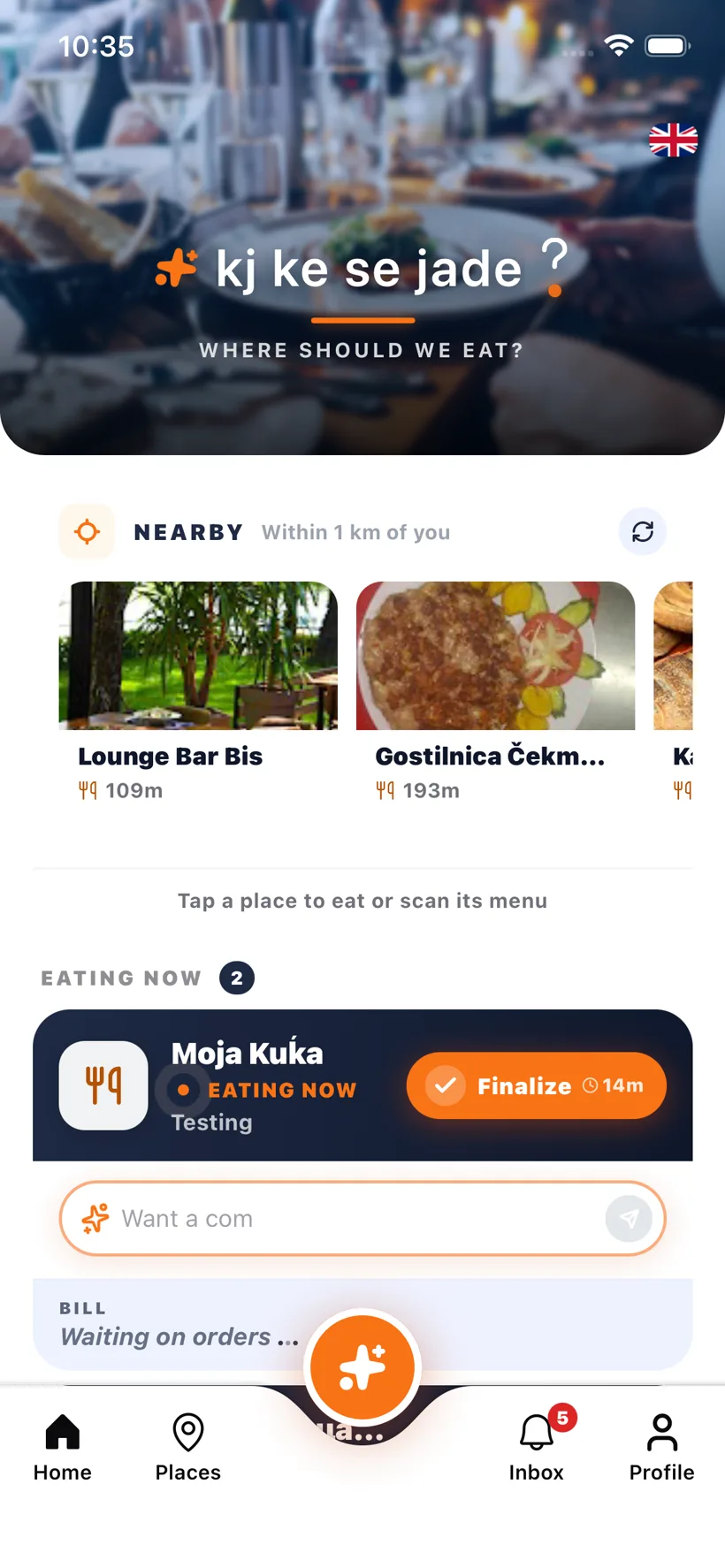 KKSJ home screen — the NEARBY strip of food and drink places around you, with an AI one-line summary on each place