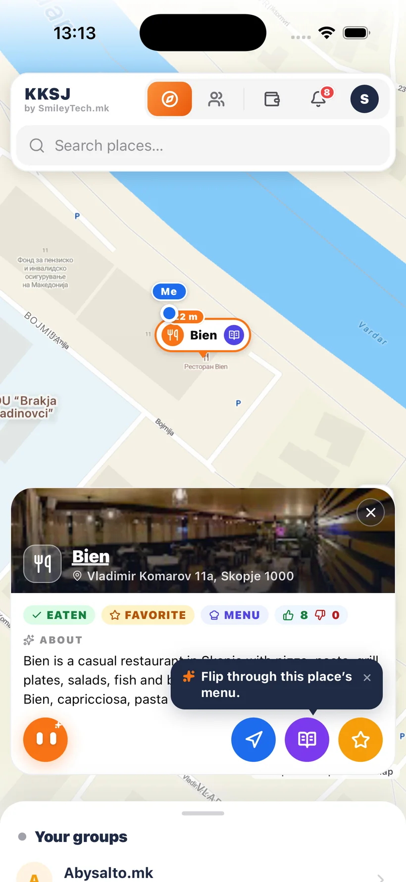 A restaurant opened on the KKSJ map, with its address, likes, a short summary and buttons for directions, the menu and favorites