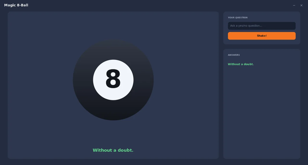 Magic 8-Ball in SmileyOS: the ball and the answer "Without a doubt."