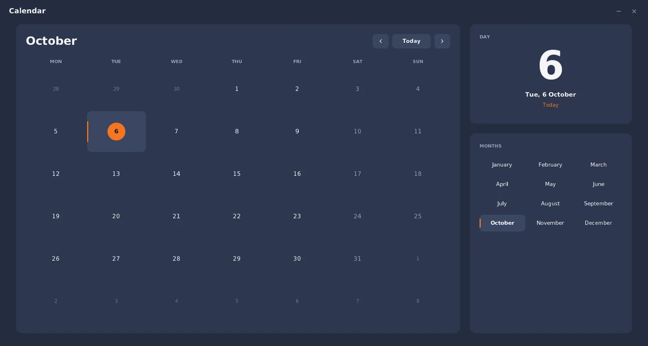 Calendar in SmileyOS: the month of October with today marked
