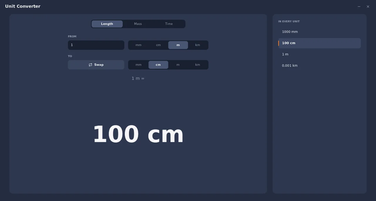 Unit Converter in SmileyOS: 1 m is 100 cm