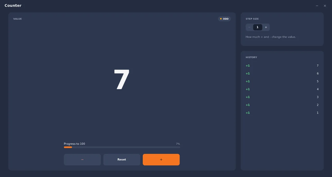 Counter in SmileyOS: the value 7 and the list of changes
