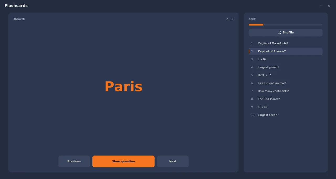 Flashcards in SmileyOS: the answer "Paris" and the deck of ten cards