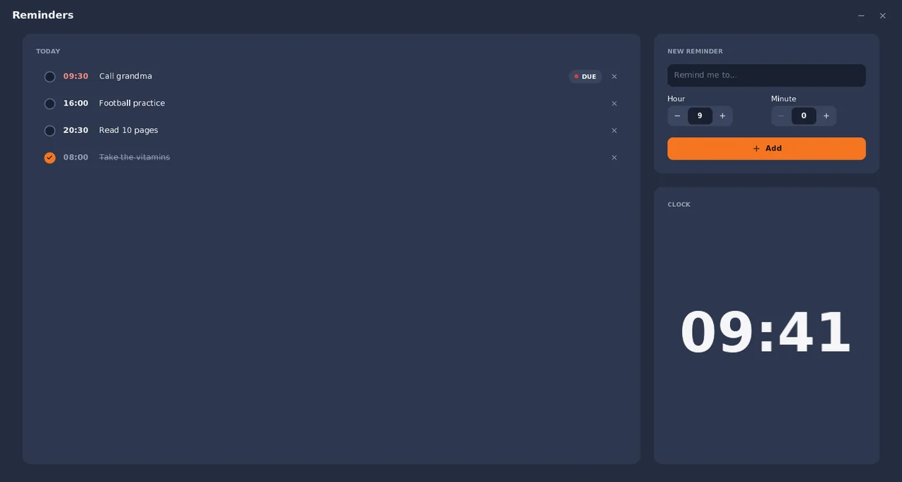 Reminders in SmileyOS: four reminders for today and a big clock