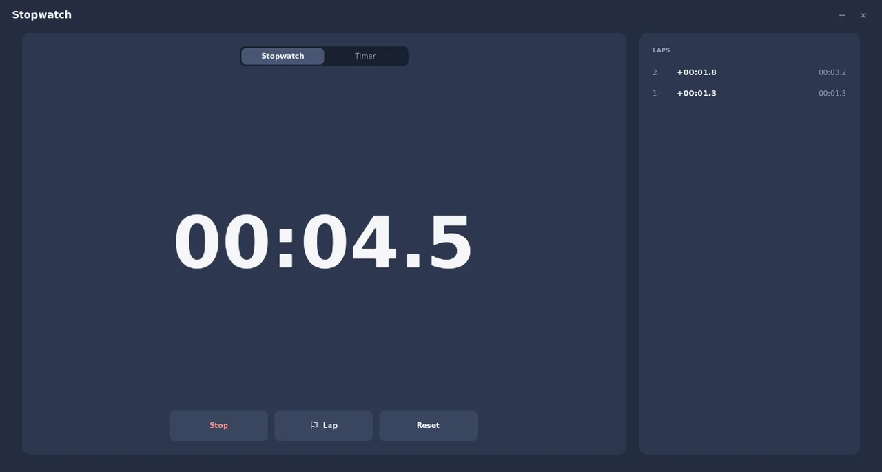 Stopwatch in SmileyOS: the running time and two laps