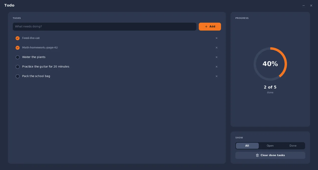 Todo in SmileyOS: five tasks, two of them done, and a progress ring at 40%