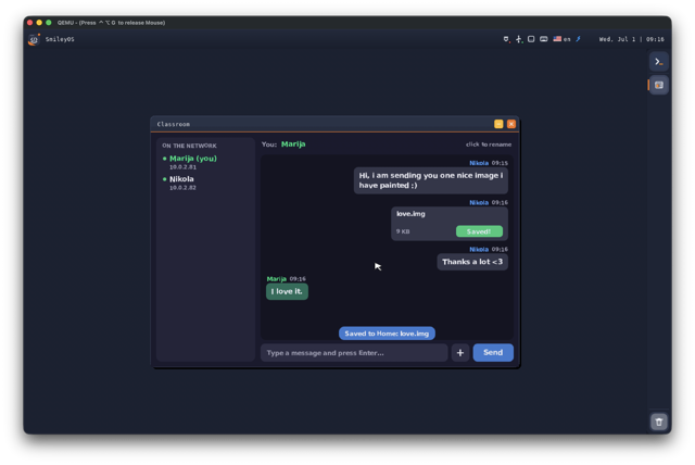 SmileyOS Classroom app — a LAN peer list and a shared chat room with file sharing