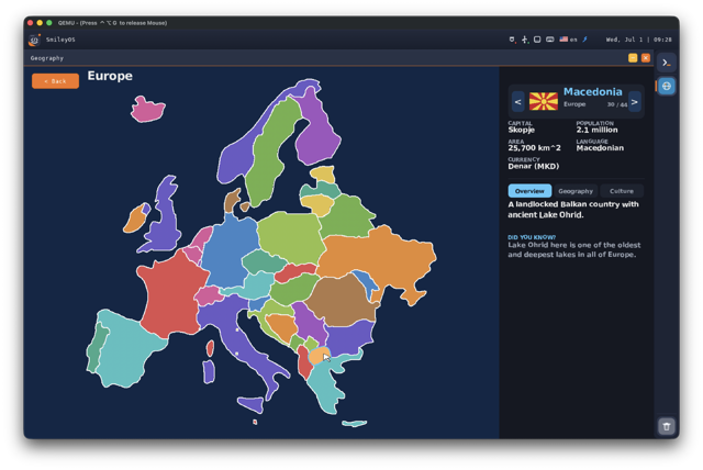 SmileyOS Geography app — a schematic world map with country drill-down