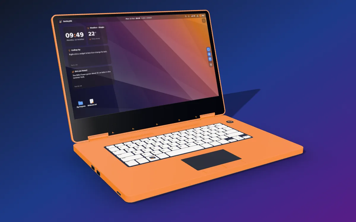 SBOOK Go, a thin orange laptop showing the SmileyOS desktop