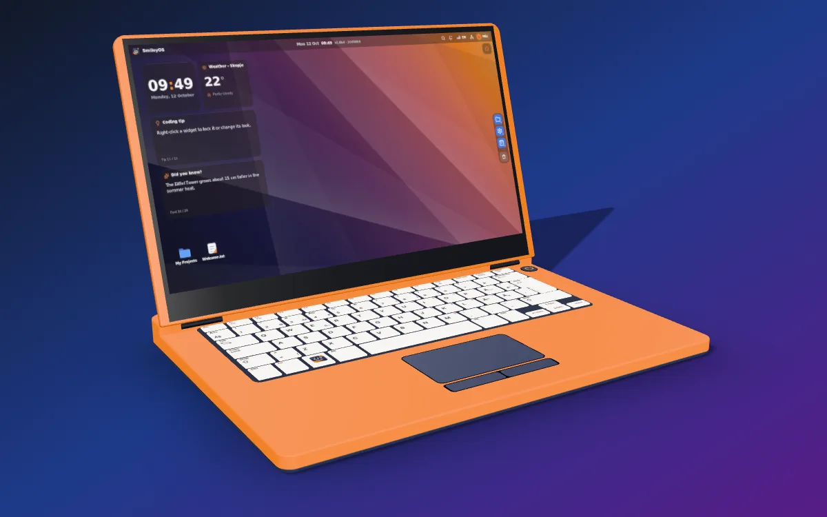 SBOOK, an orange laptop with a white keyboard, showing the SmileyOS desktop