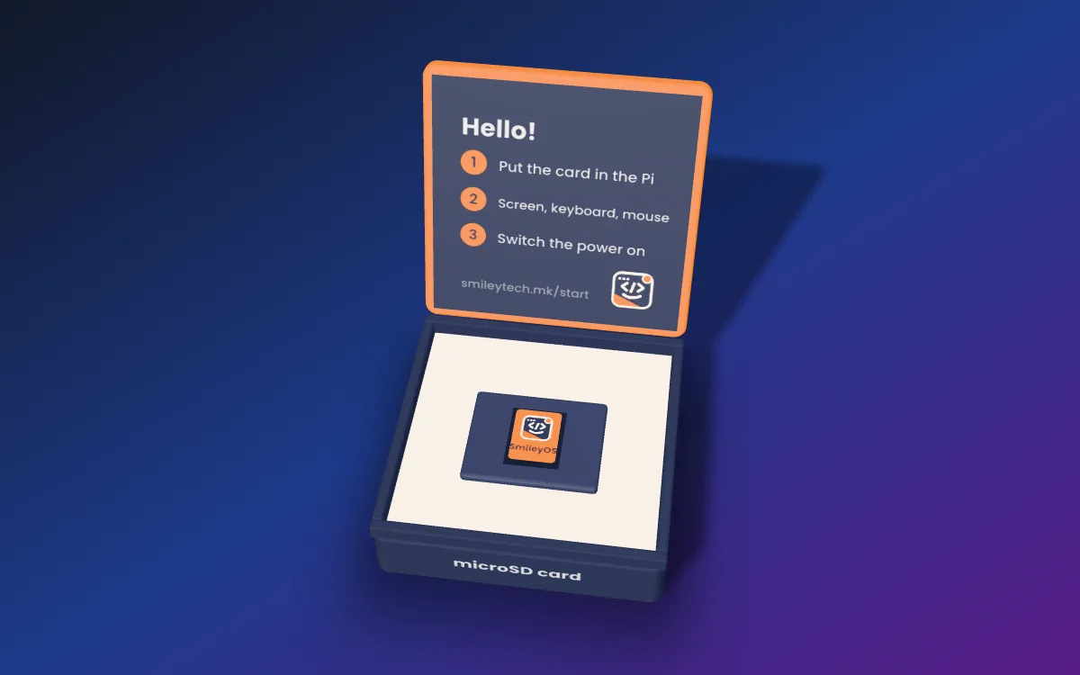 The SmileyOS for Raspberry Pi box, orange and navy, with a microSD card