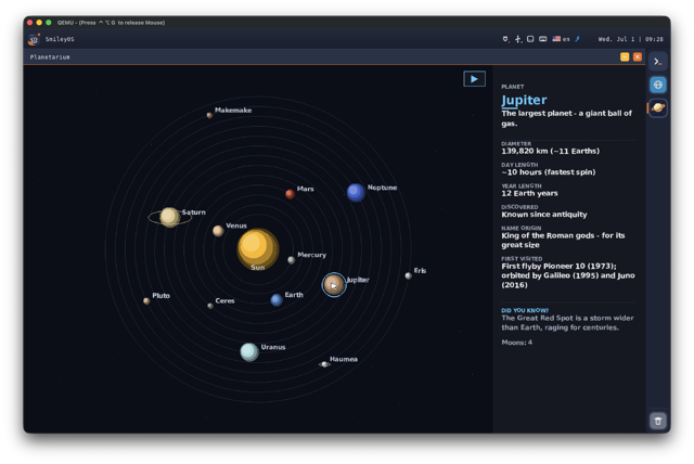 SmileyOS Planetarium app — a solar-system orrery with planets and moons