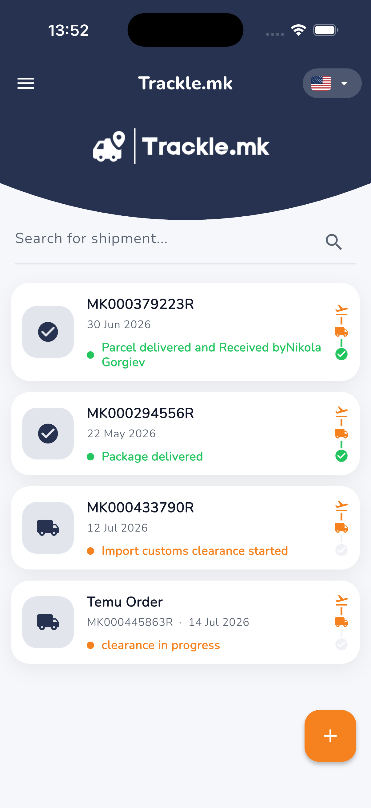 Trackle order list — every shipment on one scrollable screen with a mini progress indicator and colored status line